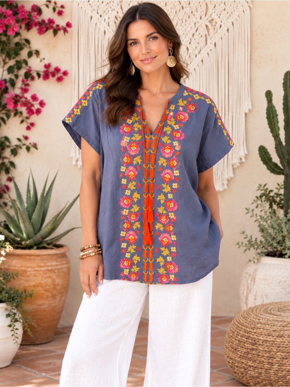 NATURAL LIFE Embroidered V-Neck Tunic with Tassels Size Medium